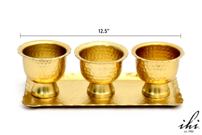 India Handicrafts Inc gold aluminum serving set with three hammered pedestal bowls on rectangular tray, 12.5 inches wide