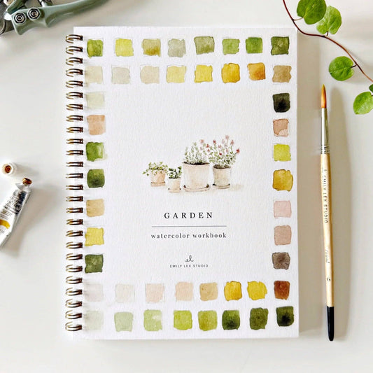 Emily Lex Studio Garden watercolor workbook cover with potted plants illustration and color palette grid, spiral-bound