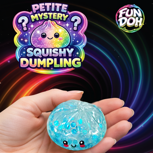 Blue translucent Fun Doh Petite Mystery Mini Dumpling 2.5-inch squishy with sparkle texture and happy face held in hand