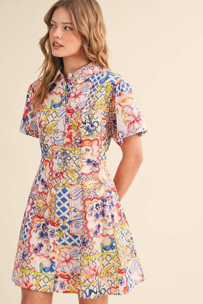 &MERCI - EXCLUSIVE FLORAL FIT & FLARE SHORT SLEEVE MINI DRESS