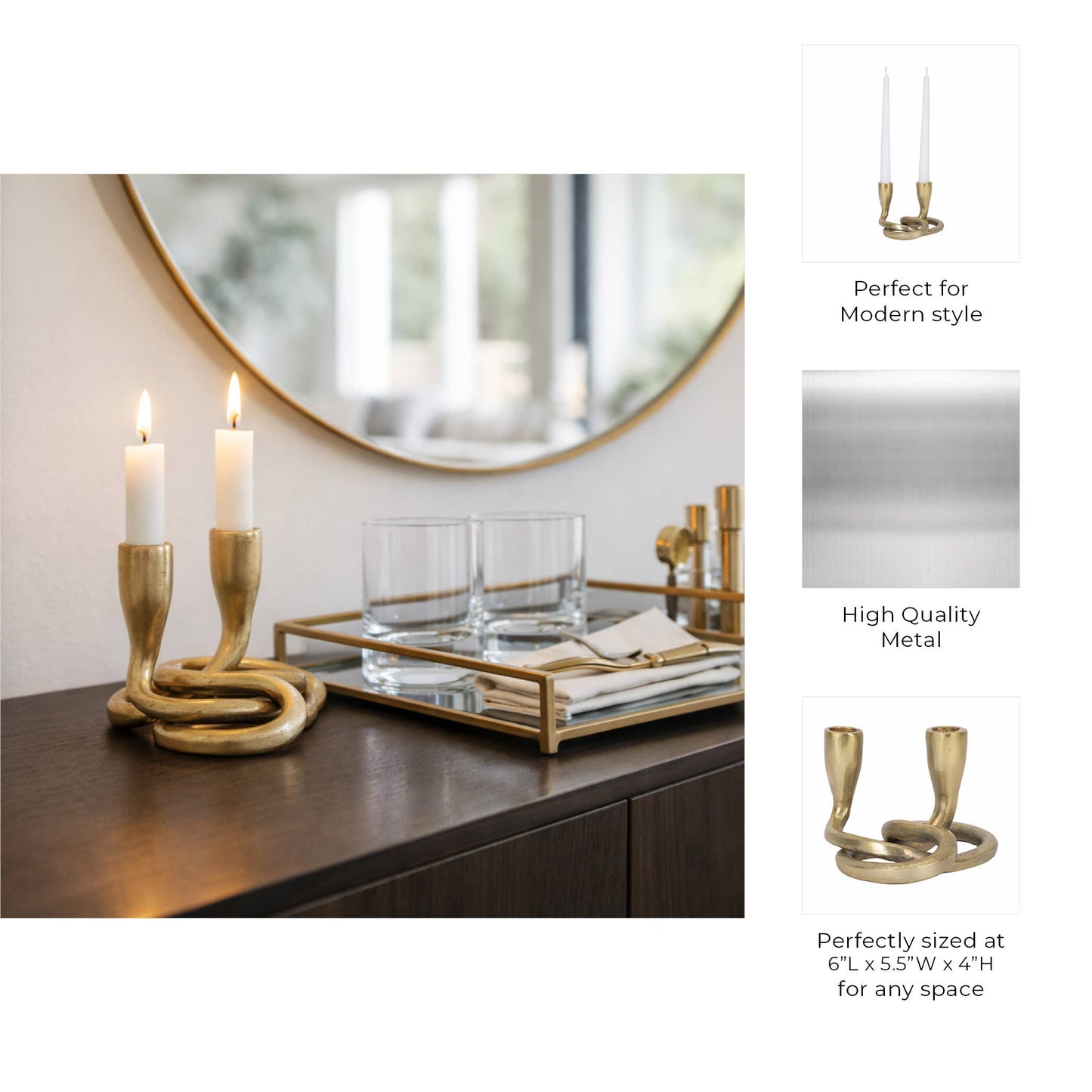 Sagebrook Home - Candle Holder - Gold Metal Knotted 2-Taper, 6 in.