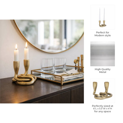 Sagebrook Home - Candle Holder - Gold Metal Knotted 2-Taper, 6 in.