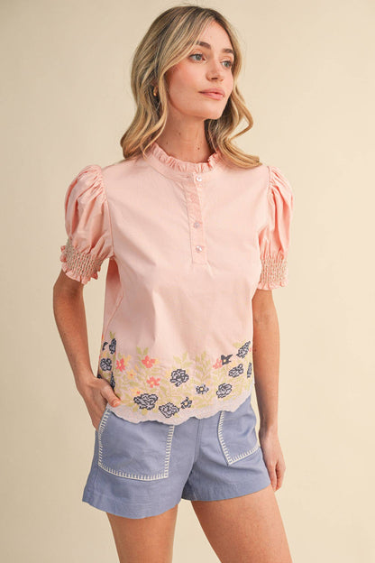 &MERCI - FLORAL EMBROIDERY SMOCKED PUFF SLEEVE TOP