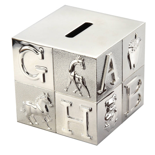 Elegance silver-plated nursery block bank with embossed animal designs and coin slot