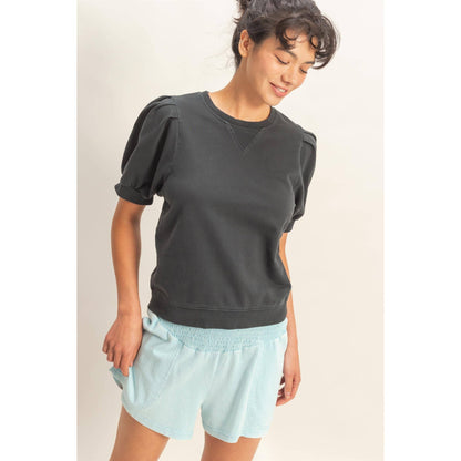 Double Zero - Puff Sleeve V-Stitch Crew Neck Top