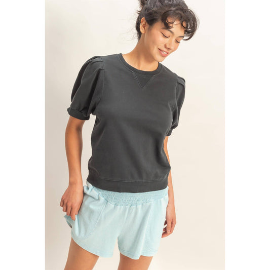 Double Zero Puff Sleeve V-Stitch Crew Neck Top in charcoal with rolled puff sleeves and v-stitch knit pattern