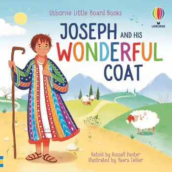 Usborne Joseph and His Wonderful Coat board book cover featuring boy in colorful striped coat holding staff in meadow landscape