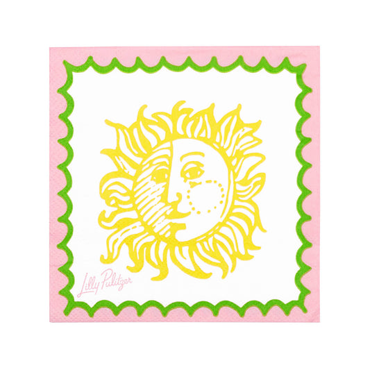 Lilly Pulitzer pink cocktail napkin with green scallop border and yellow sun face illustration
