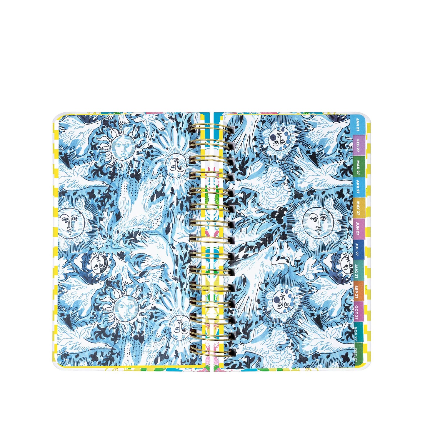 The open Lilly Pulitzer by Lifeguard Press - Medium 17 Month Agenda, Lovely Lilly features blue, white, and black celestial and nature-inspired illustrations with sun and moon faces and birds; colorful tab dividers line the right edge. This charming design makes the 2026-2027 agenda from Lilly Pulitzer by Lifeguard Press both functional and stylish.