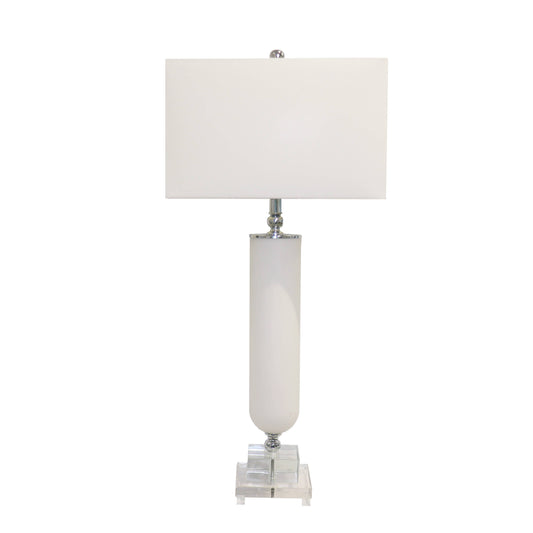 Pasargad Home frosted glass and lucite pedestal table lamp with tall white rectangular shade and tapered frosted column base