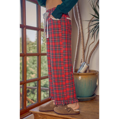 So Me - RUFFLED BOTTOM DETAIL CHRISTMAS PLAID CHECK LACE TRIM PANTS