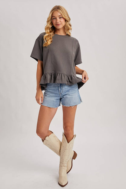 Bluivy - RUFFLED PEPLUM HEM BOXY SWING KNIT TEE