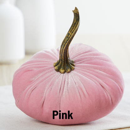 A small velvet pumpkin from Your Heart’s Content, in a soft pink hue with a brown stem, sits on a white surface—perfect for adding charm to your Valentine’s mantel or autumn table. The word “Pink” appears at the base of the pumpkin, while two blurred white objects are visible in the background.