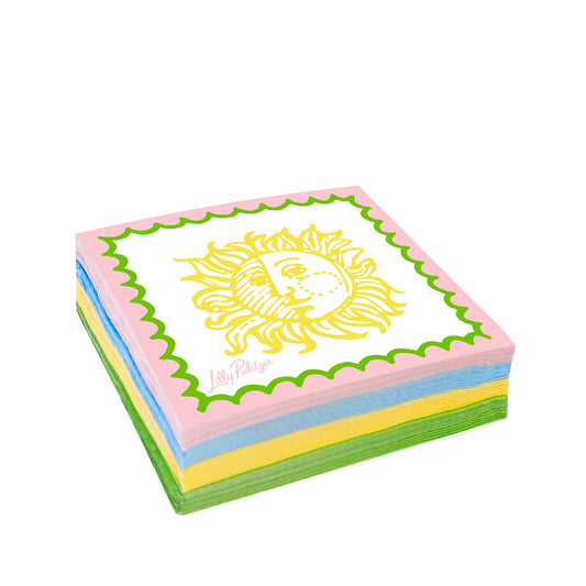 Lilly Pulitzer Sun Tiles cocktail napkins stacked in pastel pink, blue, yellow, and green