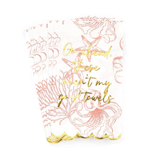 8 Oak Lane Paper Guest Towel with coral sea creature illustrations and gold foil text reading 'Goodbye to age I'm not my age towels'