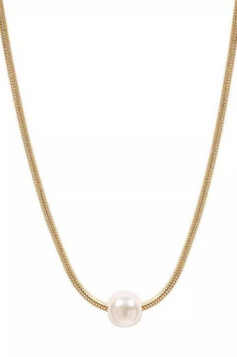 JOSSLYN by wall to wall 18K stainless steel tarnish-free pearl necklace with white pearl pendant centered on textured gold chain