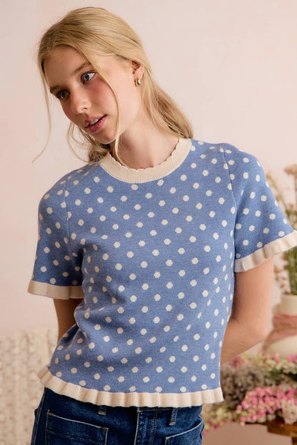So Me - POLKA DOT RUFFLED SHORT SLEEVES SWEATER KNIT TOP