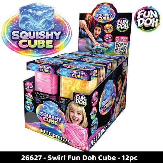 Fun Doh Squishy Cube display box with 12 assorted swirl-patterned cubes in pink, blue, yellow, and green