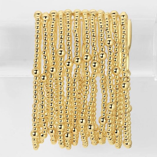 Splendid Iris gold bead stretch bracelets with 3mm and 5mm beads fanned out in rows