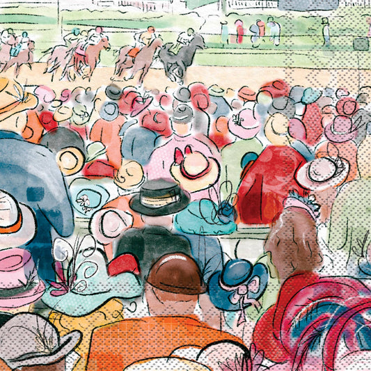 Boston International Kentucky Derby Spectators paper cocktail napkins with colorful crowd and horse racing illustration