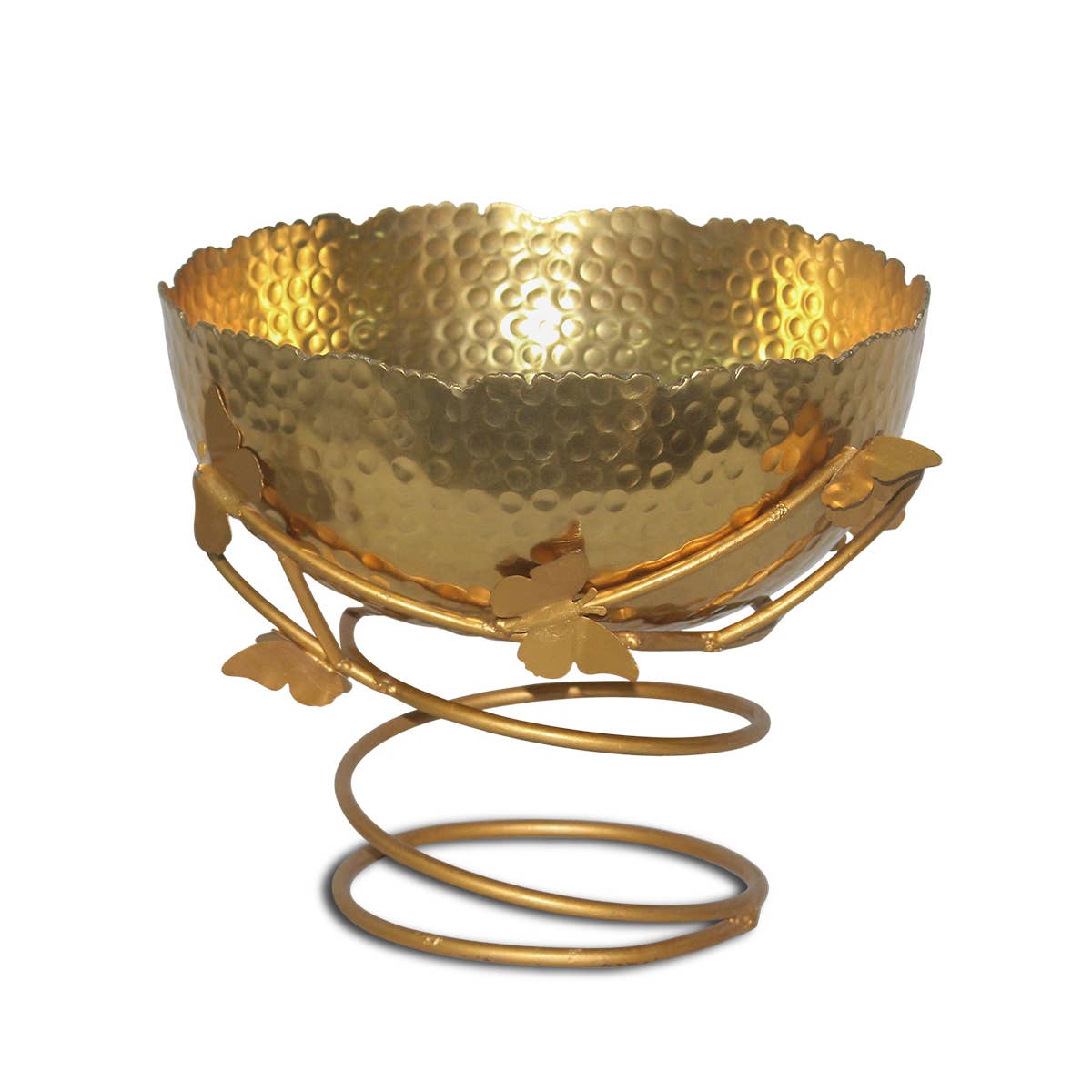 Gold hammered bowl with scalloped rim resting on decorative metal stand with curved wire base