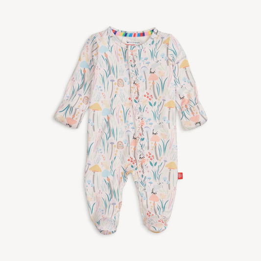 Magnetic Me Shroom and Bloom footie in cream with mushrooms, flowers, and botanical print