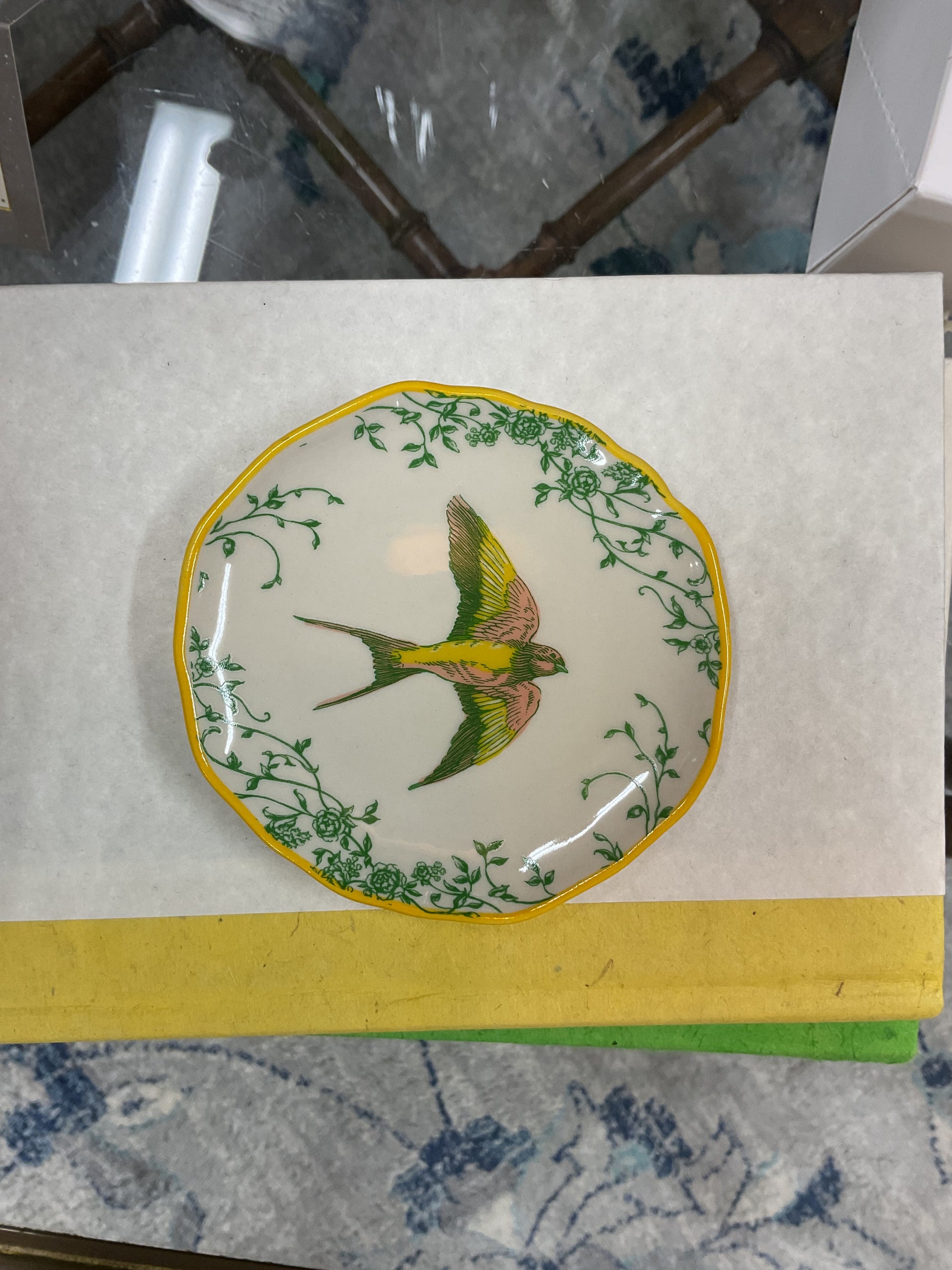 Hazel Mazel Scalloped Plate with green and yellow hummingbird and floral vine border