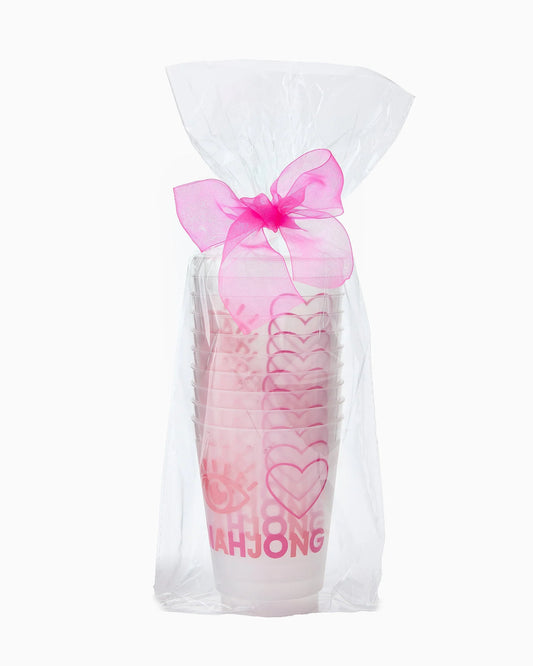 Oh My Mahjong I Heart Mahjong Cups set in cellophane with pink bow, pink ombré cups with heart and eye icons