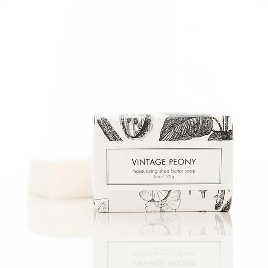 Formulary 55 Vintage Peony Moisturizing Shea Butter Soap bar 6oz with cream-colored soap and botanical-print packaging
