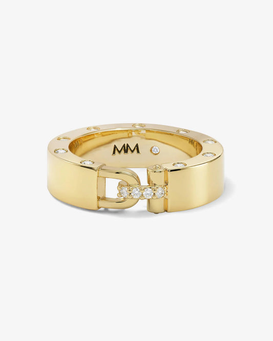 Melinda Maria Ashley Smooth Lock Ring in polished yellow gold with diamond accents and belt buckle detail