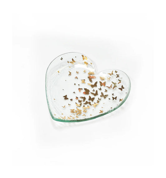 Annieglass Butterfly Heart Plate in clear glass with scattered gold and brown metallic butterflies