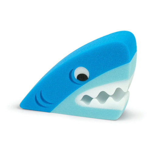 Fred Shark Bath Biters, bright blue and light blue foam shark toy with open mouth