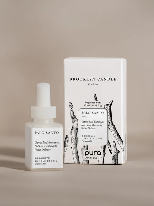 Brooklyn Candle Studio Palo Santo Pura fragrance refill with white bottle and botanical-illustrated box