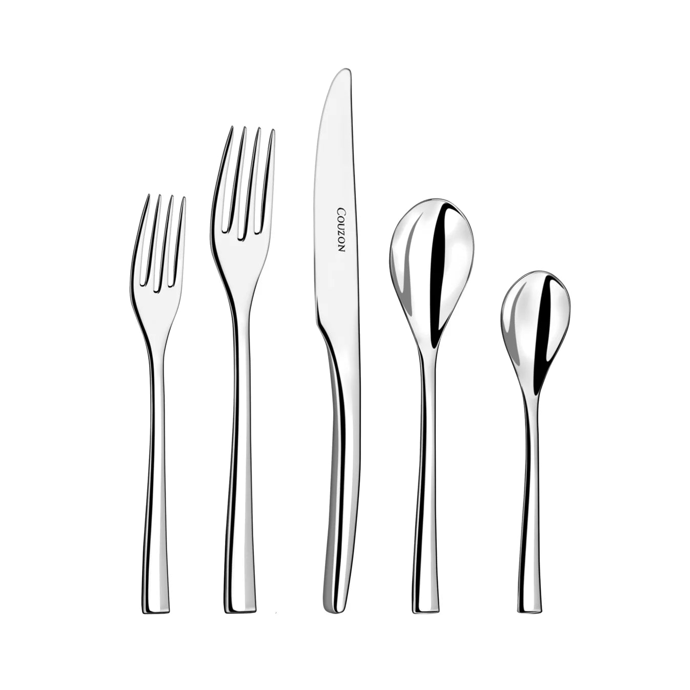 Five pieces from the Couzon "Steel" Stainless Flatware collection—including two forks, a knife engraved with "COUZON," a tablespoon, and a teaspoon—are arranged side by side on a white background.