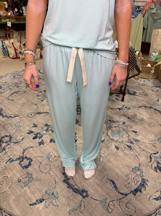 Boody Goodnight seafoam sleep pants with drawstring waist worn with matching tank top