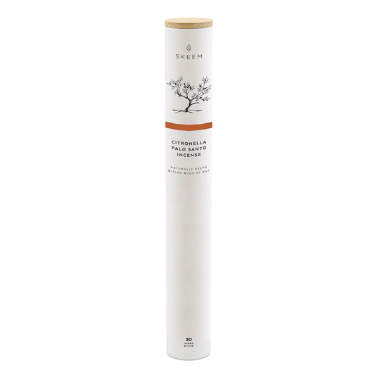 Skeem Palo Santo Aura Citronella jumbo incense stick in white cylindrical packaging with wooden cap
