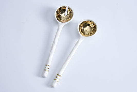 Pampa Bay Porcelain Salad Server Set with white handles and gold bowls, pair