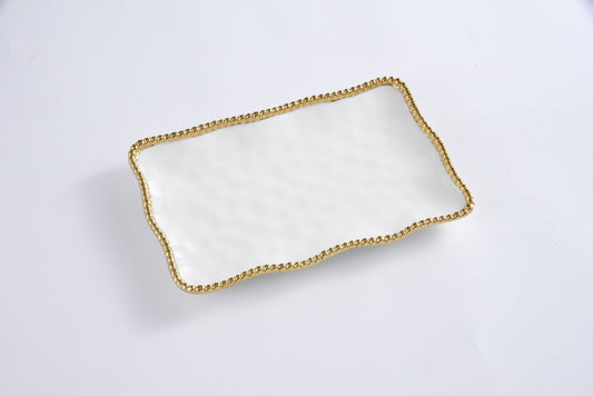 Pampa Bay Golden Salerno small white platter with beaded gold rim