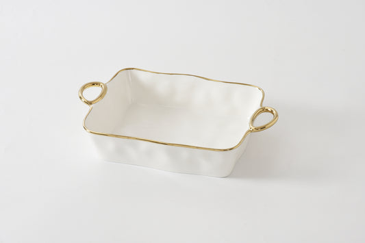 Pampa Bay 11" x 9" Rectangular Dish in cream with gold handles and trim