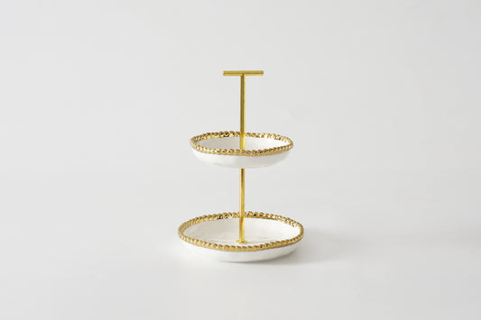 Pampa Bay Mini 2 Tier Stand with white porcelain shelves and gold beaded edges on brass pole