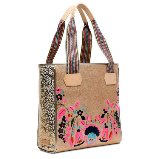 Consuela Lyla Classic Tote in tan canvas with pink and black embroidered florals, leopard side panel, and striped handles