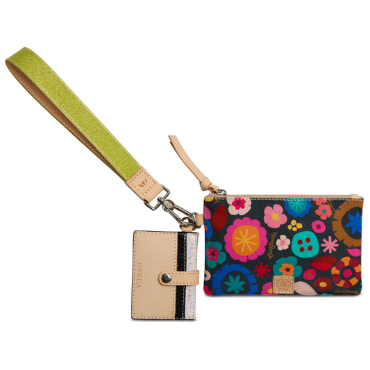 Consuela Combi Amelie wristlet set with colorful floral print pouch and tan ID holder with green fabric wrist strap