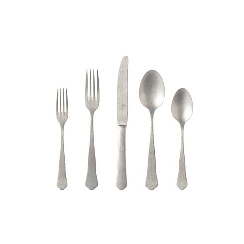 Five pieces of Costa Nova "Prado - Brushed Nickel" Stainless Flatware—salad fork, dinner fork, knife, tablespoon, and teaspoon—are arranged side by side on a white background, each featuring matching simple handles.