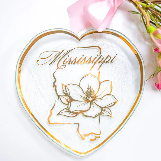 Annieglass Mississippi Heart Plate with gold outline, magnolia flower, and script text
