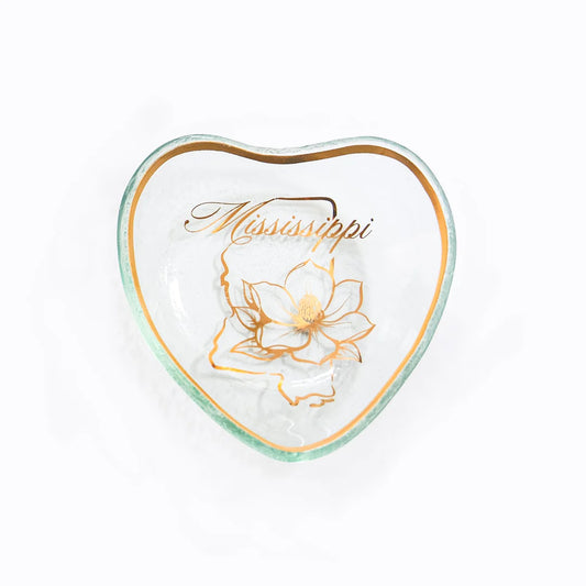 Annieglass Mississippi Small Heart Bowl with gold magnolia design and state silhouette
