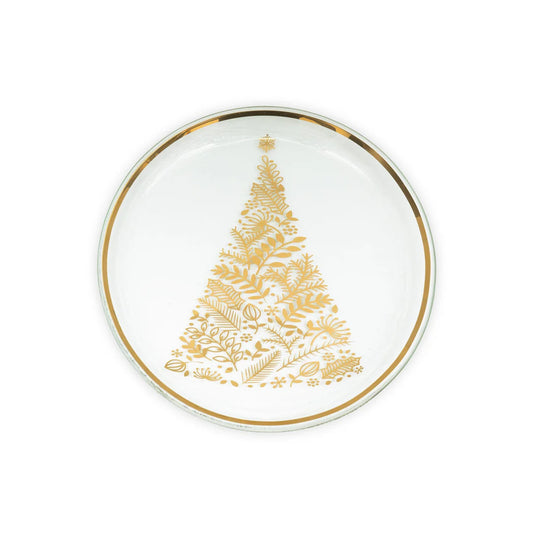 Annieglass Christmas Plate 2024 in white with gold decorative Christmas tree pattern and gold rim
