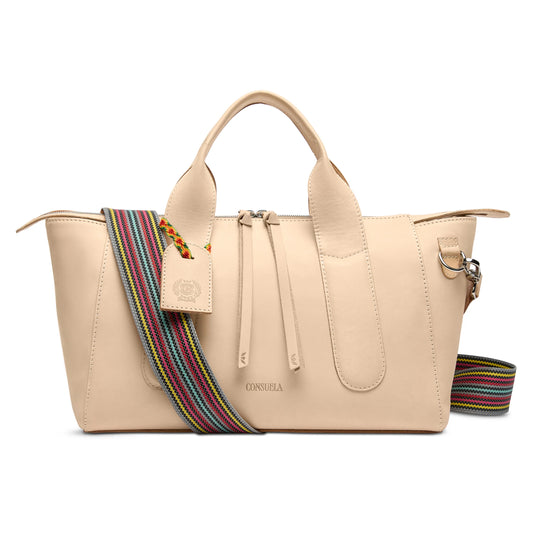 Consuela Diego City Satchel in cream leather with multicolor striped crossbody strap