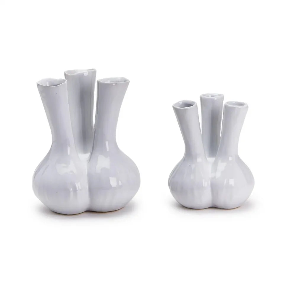 Two Tozai White 3 Stem Vases by Tozai Home, each featuring multiple narrow necks and rounded bases with a glossy white ceramic finish, are displayed on a plain white background. Their organic, clustered shapes make these vases elegant additions to your home decor—ideal for showcasing creative flower arrangements.