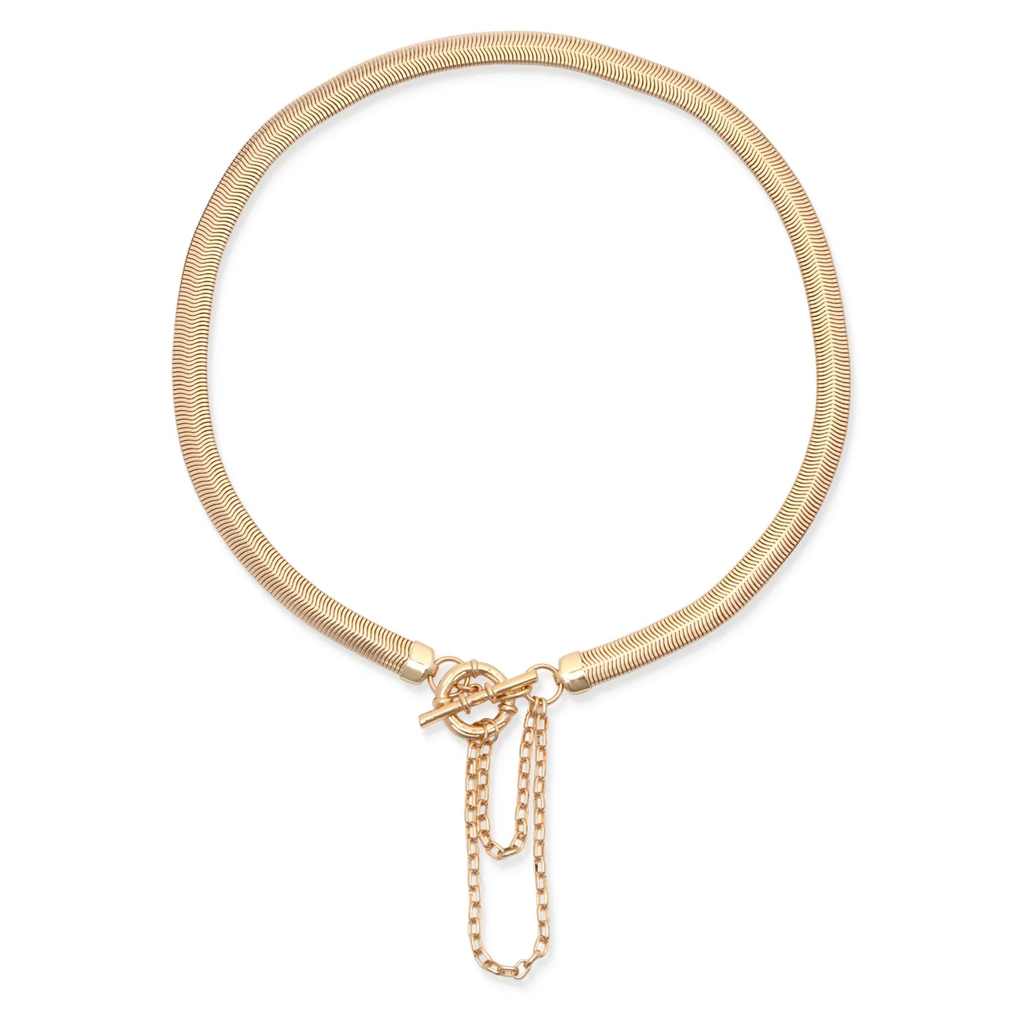 The Leslie Curtis Cyrus Necklace by Leslie Curtis features a herringbone gold chain with a stylish toggle closure and two delicate drop chains attached near the clasp, displayed on a white background.