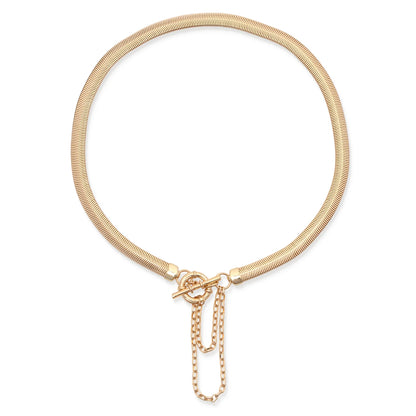 The Leslie Curtis Cyrus Necklace by Leslie Curtis features a herringbone gold chain with a stylish toggle closure and two delicate drop chains attached near the clasp, displayed on a white background.